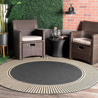 Nuloom Asha Dark Grey/Ivory, 6' 7" Round, Casual, Striped Border, Soft and Cozy, High Traffic, Stain Resistant, Easy Clean, Durable Area Rug for Indoor/Outdoor Patio, Deck, Porch, Garden, Courtyard