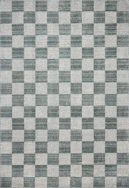 Loloi Chris Loves Julia Calvin Collection CLV-01 Blue/Ivory 9'-6" x 12'-6" Area Rug Checkered Neutral Soft Living Room Bedroom Carpet