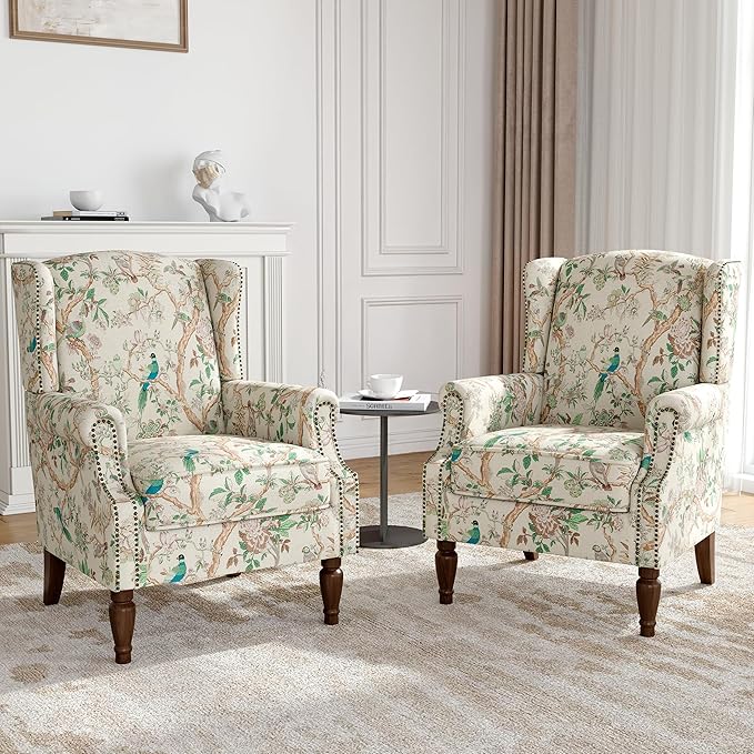 Wingback Accent Chairs Set of 2, High Back Upholstered Armchair, Printed Fabric Wingback Arms Chairs with Wood Legs, Single Sofa Reading Chair for Bedroom Living Room, Bird