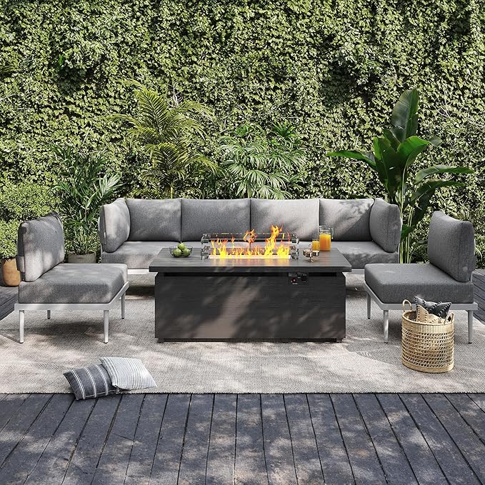 Sundale Outdoor 7 Pieces Patio Furniture Set with Fire Pit Table, L-Shaped Outdoor Sectional Sofa with 6 Inch Olefin Cushion, All-Weather Modern Metal Outdoor Conversation Sets (6 Seats,White Frame)