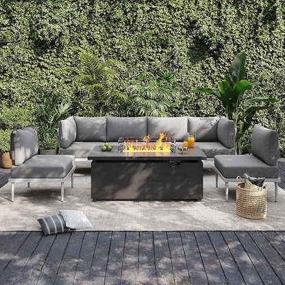 Sundale Outdoor 7 Pieces Patio Furniture Set with Fire Pit Table, L-Shaped Outdoor Sectional Sofa with 6 Inch Olefin Cushion, All-Weather Modern Metal Outdoor Conversation Sets (6 Seats,White Frame)