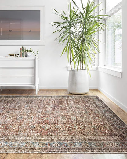Loloi Layla Collection LAY-01 Brick/Blue 2'-6" x 12'-0" .13" Thick Runner Rug, Soft, Durable, Vintage Inspired, Distressed, Low Pile, Non-Shedding, Easy Clean, Printed, Living Room Rug