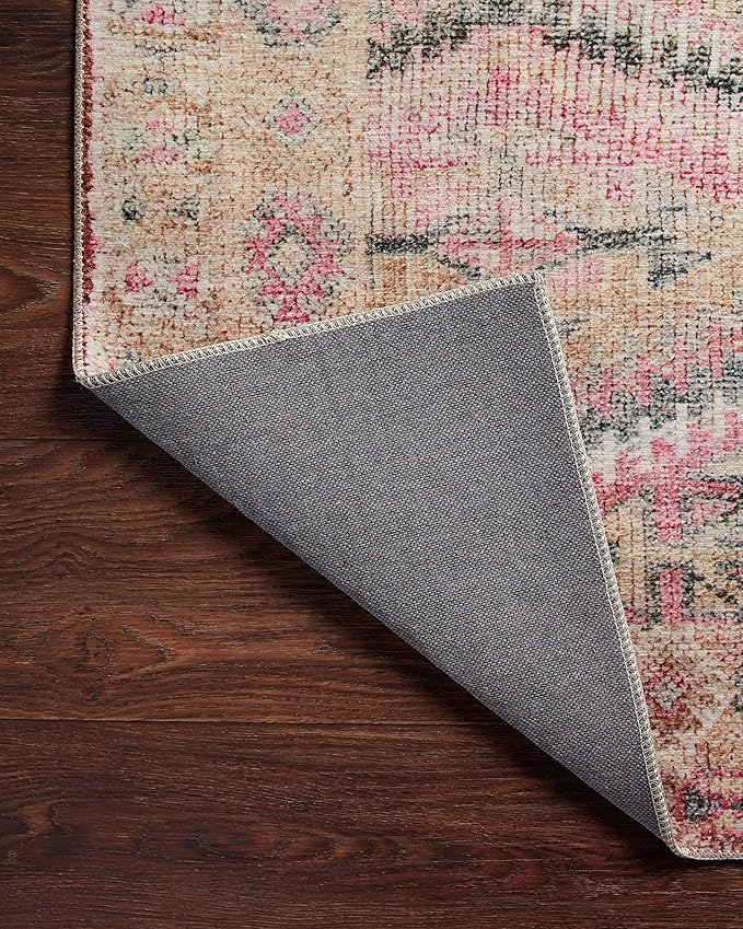 Loloi Layla Collection LAY-17 Pink/Lagoon 7'-6" x 9'-6" .13" Thick Area Rug, Soft, Durable, Vintage Inspired, Distressed, Low Pile, Non-Shedding, Easy Clean, Printed, Living Room Rug