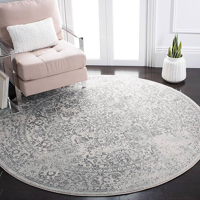 SAFAVIEH Evoke Collection Area Rug - 8' Round, Ivory & Grey, Distressed Design, Non-Shedding & Easy to Clean, Ideal for Living Room, Bedroom, Dining Space (EVK256F)