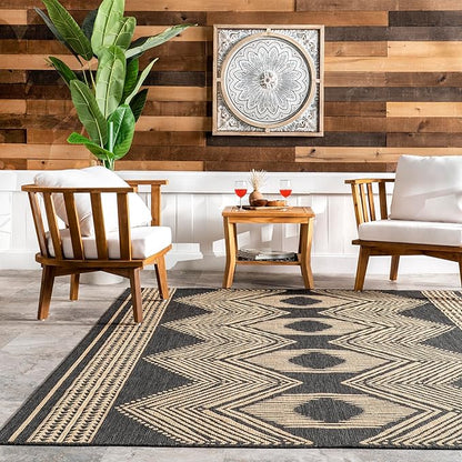 nuLOOM 4' x 6' Outdoor Tribal Geometric Area Rug, Stain Resistant, Weather Resistant, High Traffic, Patio, Balcony, Outside, Ranya Dark Grey