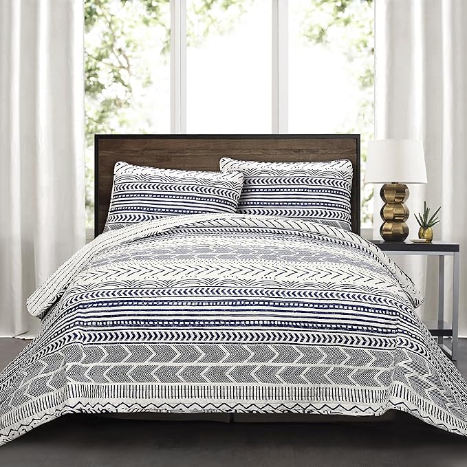 Lush Decor Hygge Geo Pattern Striped 3 Piece Quilt Bedding Set, Full/Queen, Navy & White