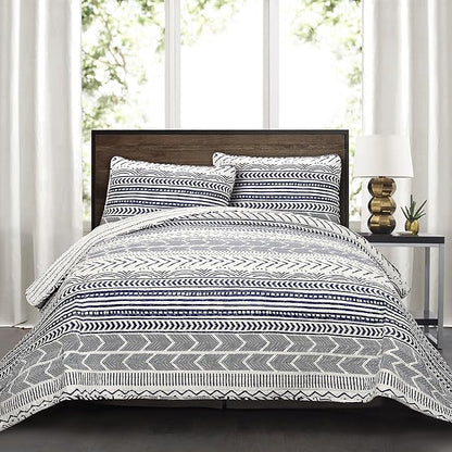Lush Decor Hygge Geo Pattern Striped 3 Piece Quilt Bedding Set, Full/Queen, Navy & White