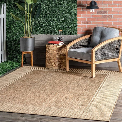 nuLOOM 5' x 8' Outdoor Area Rug, Casual Design With Striped Border, Stain Resistant, Highly Durable, For Patio, Balcony, Bedroom, Living Room, Dining Room, Bathroom, Light Brown