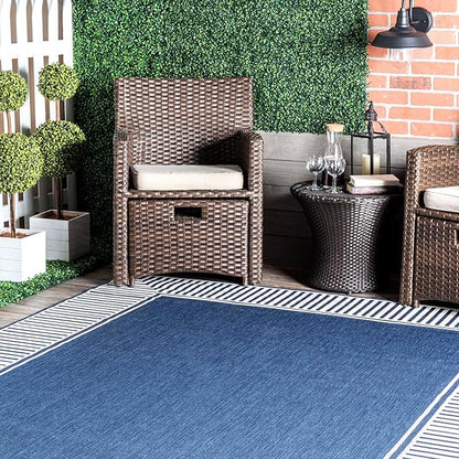 nuLOOM 7' Square Outdoor Area Rug, Casual Design with Striped Border, Stain Resistant, Highly Durable, for Patio, Balcony, Bedroom, Living Room, Dining Room, Bathroom, Navy