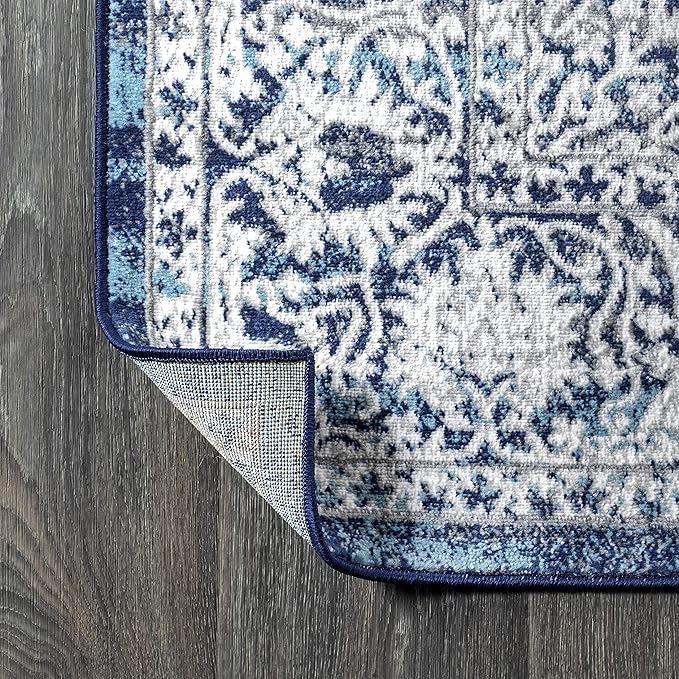 JONATHAN Y Modern Vintage Medallion Navy/Light Gray 8' Round Indoor Area Rug, Country, Floral, Easy-Cleaning for Living Room, Bedroom, Kitchen, Pet Friendly, Non-Shedding (MDP100B-8R)