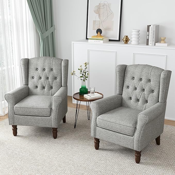 High Back Accent Chairs Set of 2, High Wingback Chair for Living Room, Button-Tufted Upholstered Fabric Armchair with Solid Wood Legs, Comfy Single Sofa Reading Chair for Bedroom, Light Gray