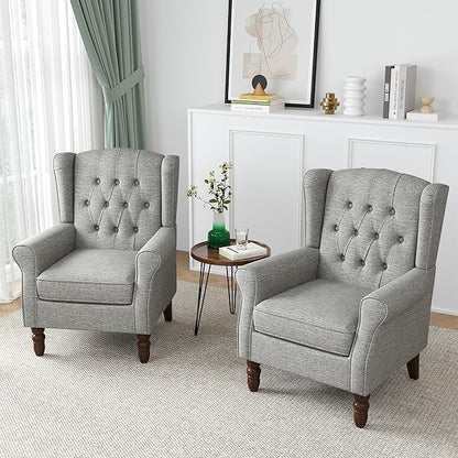 High Back Accent Chairs Set of 2, High Wingback Chair for Living Room, Button-Tufted Upholstered Fabric Armchair with Solid Wood Legs, Comfy Single Sofa Reading Chair for Bedroom, Light Gray