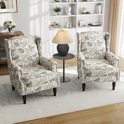 Pia Ricco Set of 2 Floral Accent Chairs, High Back Upholstered Armchairs with Retro Wingback Design, Nailhead Trim & Solid Wood Legs for Living Room Bedroom(Plants Beige)