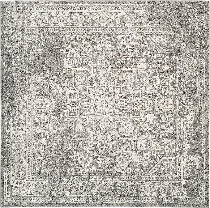 SAFAVIEH Evoke Collection Area Rug - 6'7" Square, Grey & Ivory, Distressed Design, Non-Shedding & Easy to Clean, Ideal for Living Room, Bedroom, Dining Space (EVK256D)