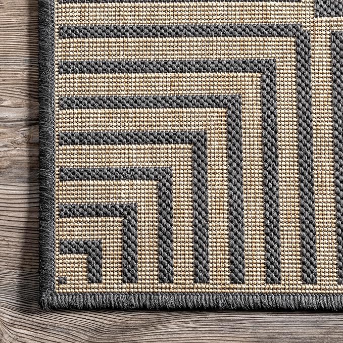 Nuloom Asha Dark Grey/Ivory, 6' 7" Round, Casual, Striped Border, Soft and Cozy, High Traffic, Stain Resistant, Easy Clean, Durable Area Rug for Indoor/Outdoor Patio, Deck, Porch, Garden, Courtyard