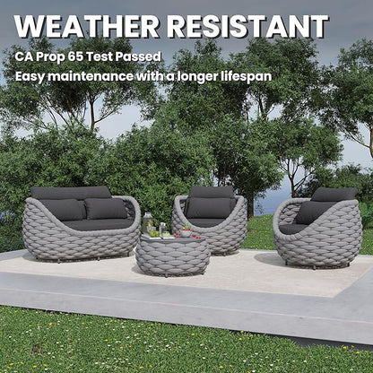Aluminum Outdoor Patio Furniture Set: 6 Pieces Porch Rope Conversation Sofa Set - Modern Woven Deck Couch Set Cushioned - No Assembly All Weather Seating for 660lbs Yard Garden Lanai Hotel Pool