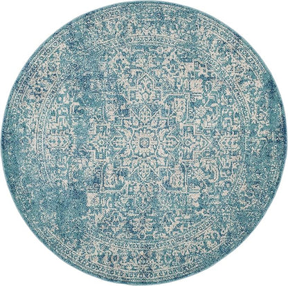 SAFAVIEH Evoke Collection Area Rug - 5'3" Round, Blue & Ivory, Distressed Design, Non-Shedding & Easy to Clean, Ideal for Living Room, Bedroom, Dining Space (EVK256C)