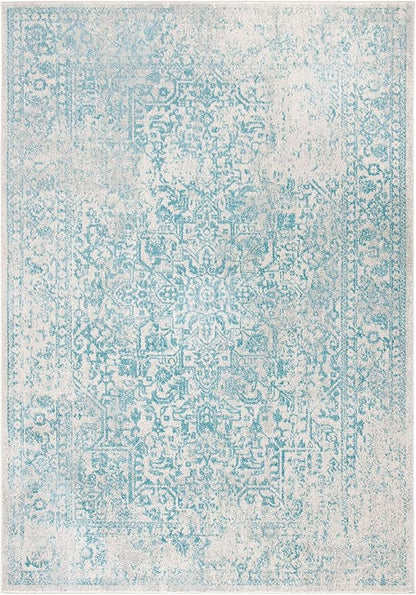 SAFAVIEH Evoke Collection 6'7" x 9' Ivory / Aqua EVK256J Oriental Distressed Non-Shedding Living Room Bedroom Dining Home Office Area Rug