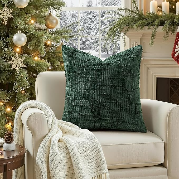 decorUhome Christmas Green Chenille Throw Pillow Covers 18x18 Set of 2 Thick Textured Slubby Couch Pillow Covers Farmhouse Accent Modern Neutral Decorative Pillow Cases for Bed Sofa Living Room