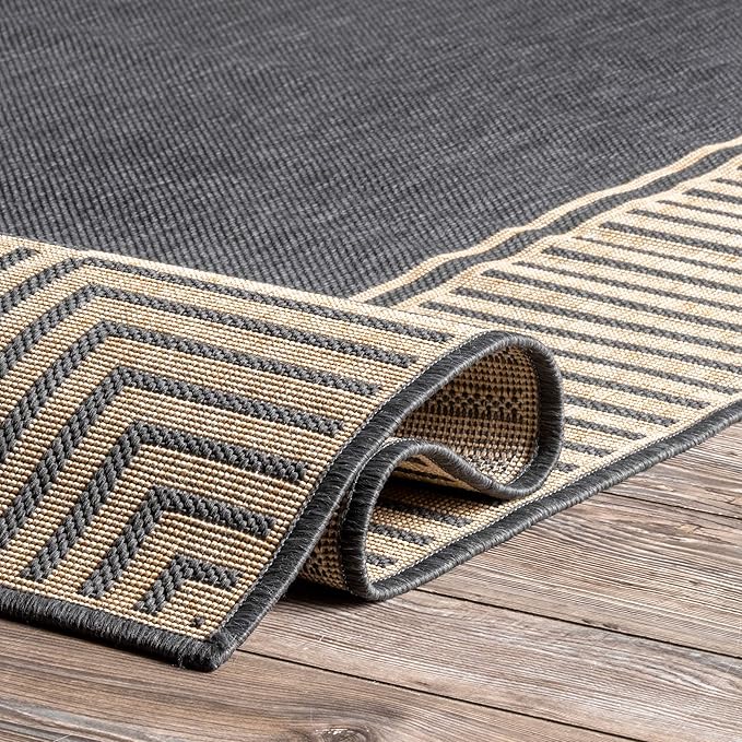 Nuloom Asha Dark Grey/Ivory, 9' 6" x 12', Casual, Striped Border, Soft and Cozy, High Traffic, Stain Resistant, Easy Clean, Durable Area Rug for Indoor/Outdoor Patio, Deck, Porch, Garden, Courtyard