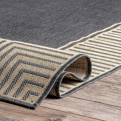 Nuloom Asha Dark Grey/Ivory, 9' 6" x 12', Casual, Striped Border, Soft and Cozy, High Traffic, Stain Resistant, Easy Clean, Durable Area Rug for Indoor/Outdoor Patio, Deck, Porch, Garden, Courtyard