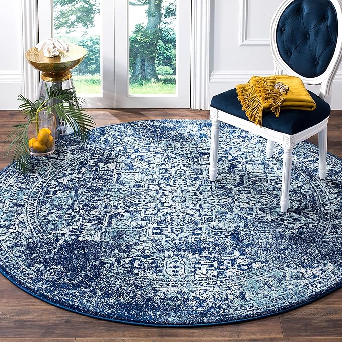 SAFAVIEH Evoke Collection 3' Round Navy/Ivory EVK256A Oriental Distressed Non-Shedding Dining Room Entryway Foyer Living Room Bedroom Area Rug