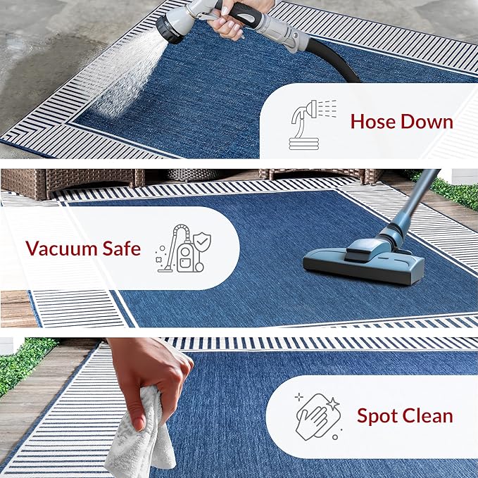 nuLOOM 6' 7" x 9' Outdoor Area Rug, Casual Design With Striped Border, Stain Resistant, Highly Durable, For Patio, Balcony, Bedroom, Living Room, Dining Room, Bathroom, Navy
