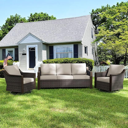 3 Pieces Outdoor Patio Conversation Furniture Set - 75" 3-Seat Sofa | 2 Swivel Glider Rocker Chairs | Wicker End Table, Metal Wicker Couch, Deck (Beige and Brown Stripe)
