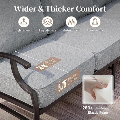 4 Piece Metal Outdoor Patio Furniture Set, Patio Conversation Sets 1 3-seater Sofa, 2 Swivel Chair with 5.75" Extra Thick Cushion and Coffee Table, Black Frame Backyard Furniture, Gray