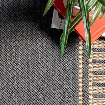 nuLOOM 2' x 6' Outdoor/Indoor Asha Area Rug, Asha Dark Grey, Casual Design with Striped Border, Stain Resistant, Highly Durable, for Patio, Balcony, Bedroom, Living Room, Dining Room, Bathroom