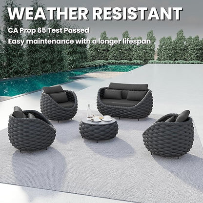 Aluminum Outdoor Seating Set: 5 Pieces Woven Rope Patio Furniture Conversation Set - Modern Deck Loveseat Set Cushioned - Assembled Metal Porch Lounge Set for Yard Garden Lanai Hotel, Dark Grey
