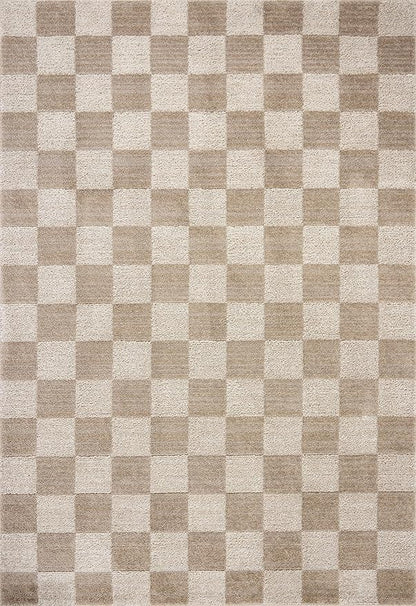Loloi Chris Loves Julia Calvin Collection CLV-01 Pebble/Ivory 7'-10" x 10' Area Rug Checkered Neutral Soft Living Room Bedroom Carpet