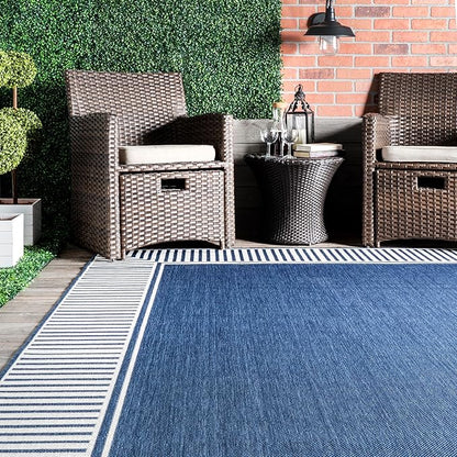 nuLOOM 2' x 3' Outdoor Area Rug, Casual Design With Striped Border, Stain Resistant, Highly Durable, For Patio, Balcony, Bedroom, Living Room, Dining Room, Bathroom, Navy