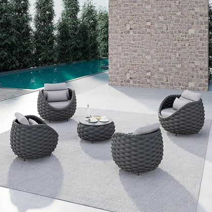 5 Pieces Balcony Seating Set: Aluminum Woven Rope Patio Chair Furniture Set - All Weather Metal Outdoor Conversation Set - Assembled Armchair with Table for Bistro Deck Porch Apartment Hotel
