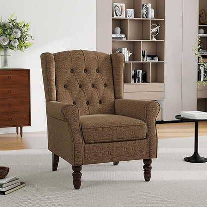 Mid-Century Modern 2-Piece Wingback Chair Set - Plush Upholstered Accent Chairs with Solid Wood Legs, High Back Lounge Seating for Living Room, Bedroom & Office - Retro Matched Pair (Creamy Brown)