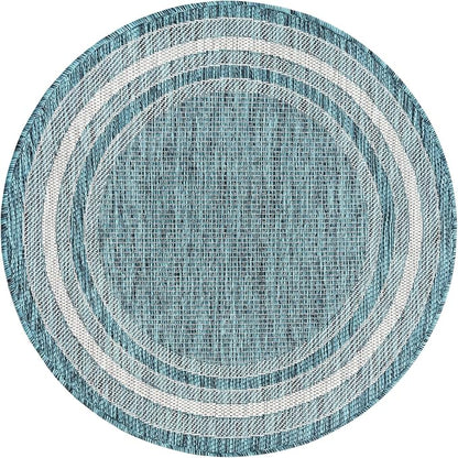 Unique Loom Outdoor Border Collection Area Rug - Soft Border (3' 1" Round, Teal/ Ivory)