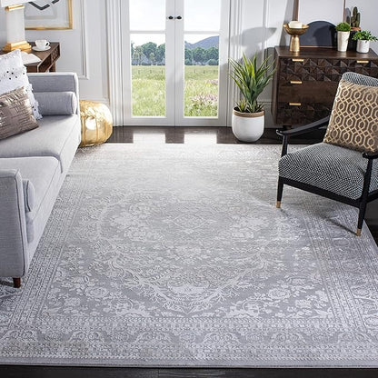 SAFAVIEH Area Rug 5' Square - Reflection Collection - Light Grey & Cream, Non-Shedding & Easy Cleaning, Ideal for Living Room, Bedroom (RFT668G)