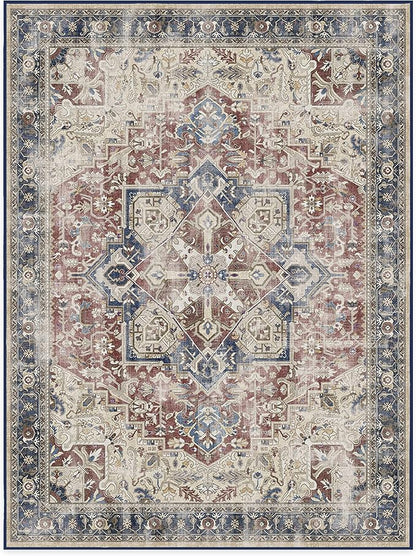 RUGGABLE Washable Vintage Area Rug – Kamran Royal Blue 9x12, Stain-Resistant, Non-Slip – Large Machine Washable Rugs for Living Room, Bedroom, Hallway, Entryway & Office–with Standard Pad