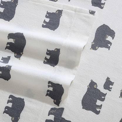 Eddie Bauer - Flannel Sheets Queen Size, Anti-Pilling & Wrinkle Resistant Cotton, Touchably Soft for All-Season Comfort - Bed Sheets with Matching Pillowcases & Fitted Sheet (Bear Family Grey)