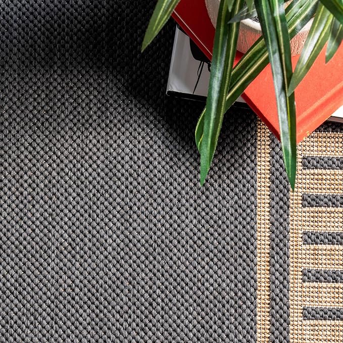Nuloom Asha Dark Grey/Ivory, 9' 6" x 12', Casual, Striped Border, Soft and Cozy, High Traffic, Stain Resistant, Easy Clean, Durable Area Rug for Indoor/Outdoor Patio, Deck, Porch, Garden, Courtyard