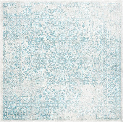 SAFAVIEH Evoke Collection Area Rug - 6'7" Square, Ivory & Aqua, Distressed Design, Non-Shedding & Easy to Clean, Ideal for Living Room, Bedroom, Dining Space (EVK256J)