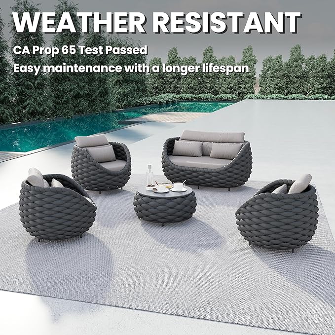 4-Piece Alumunim Outdoor Seating Set: All-Weather Patio Accent Furniture Sofa Set, Hand Woven Rope, No Assembly, Modern Garden Lounge Conversation Set for Backyard Deck Porch Poolside Hotel