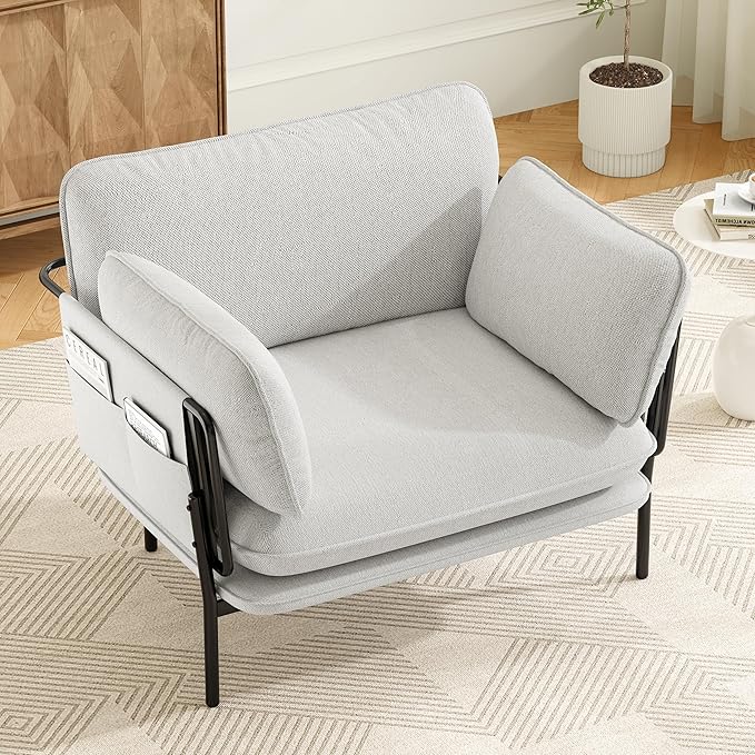 Modern Accent Chair for Living Room, Oversized Reading Chair with Solid Metal Legs, Upholstered Fabric Armchair with Side Pockets and 2 Pillows, Comfy Accent Chairs for Bedroom, Nursery, White