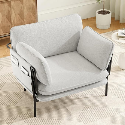 Modern Accent Chair for Living Room, Oversized Reading Chair with Solid Metal Legs, Upholstered Fabric Armchair with Side Pockets and 2 Pillows, Comfy Accent Chairs for Bedroom, Nursery, White
