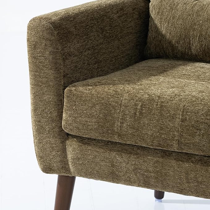 Accent Chair, Comfy Upholstered Living Room Chairs with High Tufted Backrest and Pillow, Wingback Reading Chair with Solid Wood Legs for Bedroom/Office, Chenille Fabric, Olive Green