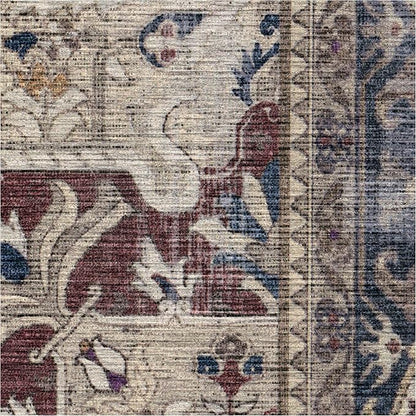 RUGGABLE Washable Vintage Area Rug – Kamran Royal Blue 8 ft Round, Stain-Resistant, Non-Slip – Large Machine Washable Rugs for Living Room, Bedroom, Hallway, Entryway & Office–with Standard Pad