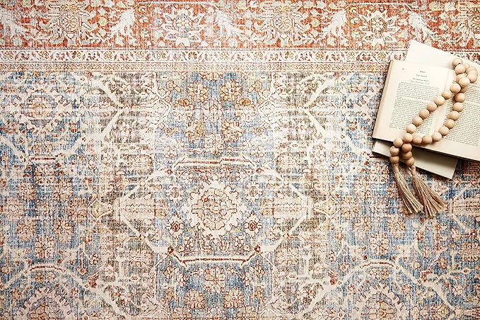 Loloi Layla Collection LAY-04 Ocean/Rust 2'-6" x 9'-6" .13" Thick Runner Rug, Soft, Durable, Vintage Inspired, Distressed, Low Pile, Non-Shedding, Easy Clean, Printed, Living Room Rug