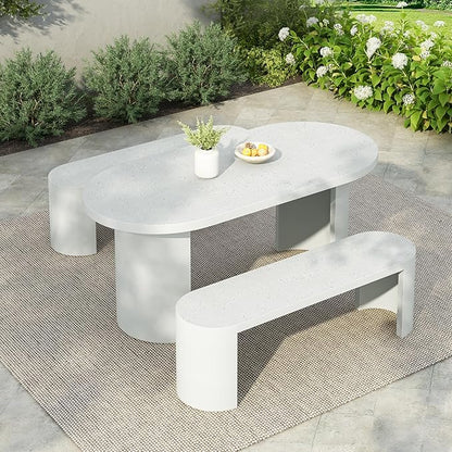 Christopher Knight Home Vicla 3 Pieces Durable Concrete Outdoor Dining Set with Stylish Terrazzo Finish, Patio Dining Table with 2 Benches, Oval Outdoor Patio Furniture Set with Pedestal Base, White