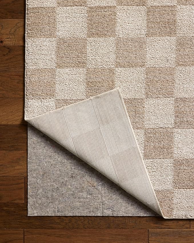 Loloi Chris Loves Julia Calvin Collection CLV-01 Pebble/Ivory 7'-10" x 7'-10" Round Area Rug Checkered Neutral Soft Living Room Bedroom Carpet
