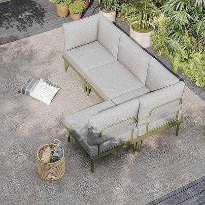 Sundale Outdoor 4 Pieces Patio Furniture Set, L-Shaped Outdoor Sectional Sofa with 6 Inch Olefin Cushion, All-Weather Modern Metal Outdoor Conversation Sets